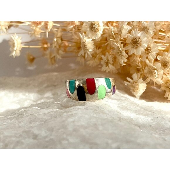 Mosaic Multi Gemstone Inlay Unusual 925 Sterling Silver Vintage Ring - sz 7 - Picture 8 of 11